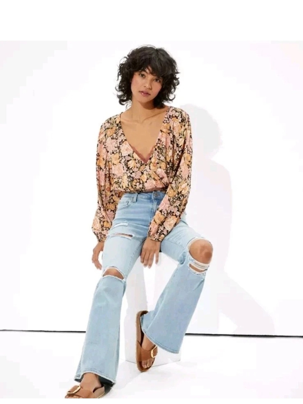 AE Floral Wrap Front Bubble Top Long Sleeve Blouse - Sz L